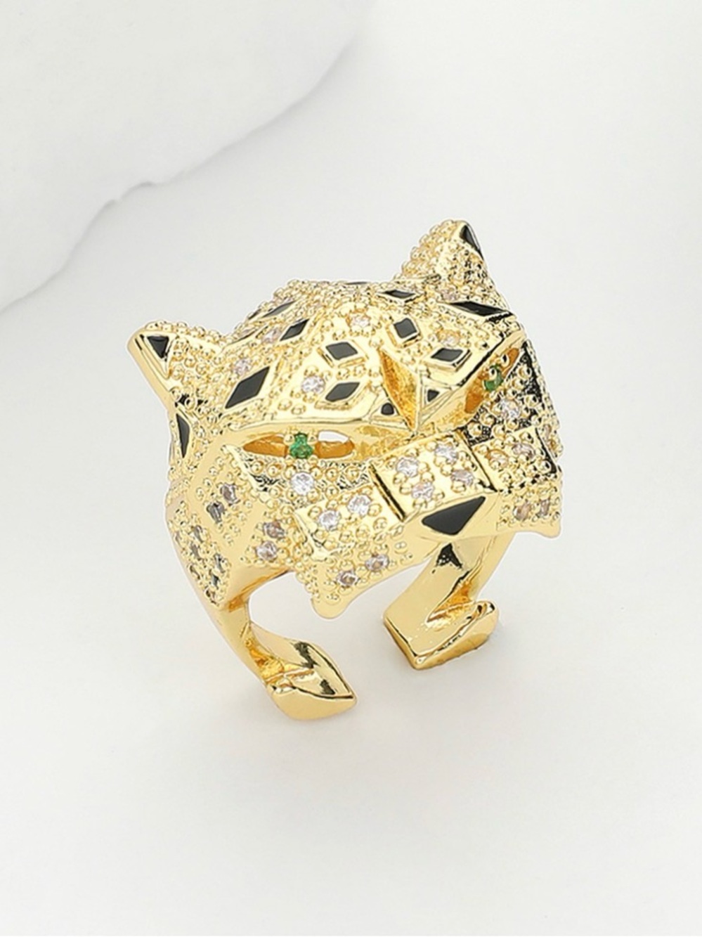 Gold-tone Cat Head Crystal Ring - Women's Fashion Jewelry